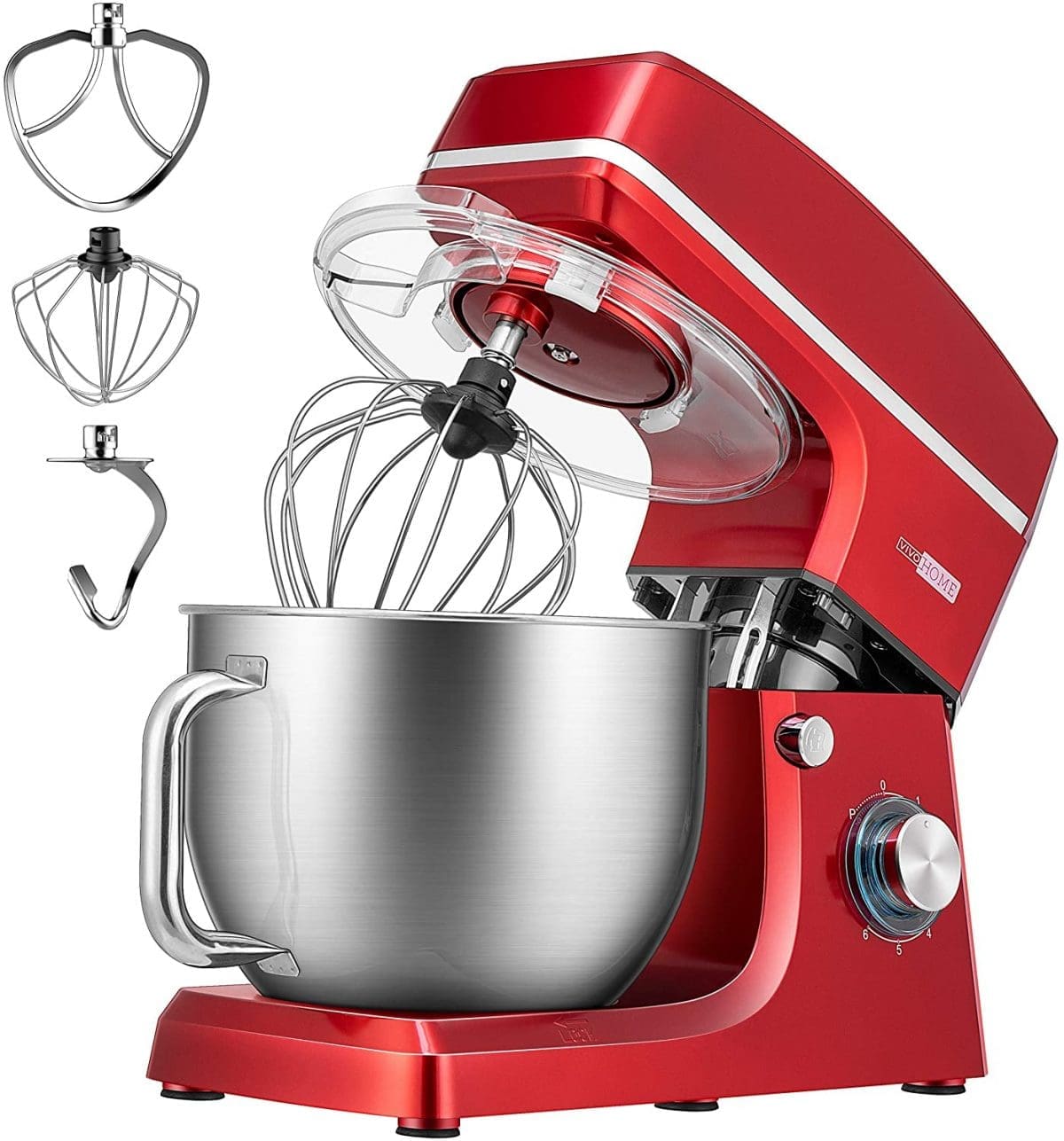 5L Kitchen Electric Food Mixer with Beater, Dough Hook and Wire Whip, Red