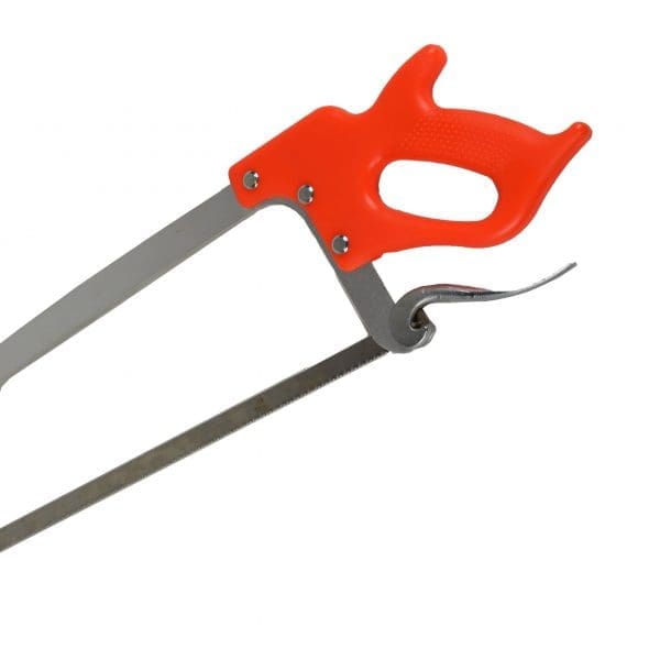 Butcher Bone Saw is widely used in Abattoirs, Boning Rooms & Butcher shops for breaking down the carcasses of Beef, Sheep & Pork. Comes with Clip-lock pins 17.5? Butchers Hand saw, frame made from Aluminium Lightweight Orange Poly Handle Camlock tensioner gives easy blade release and automatic tension to new blade Replacement blades available